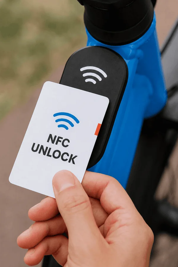 Rider holding an NFC card against the contactless reader on a blue vehicle